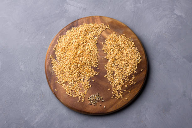 istock Golden flax seeds on a wooden board on a gray textured background. trash removal process 1217658929