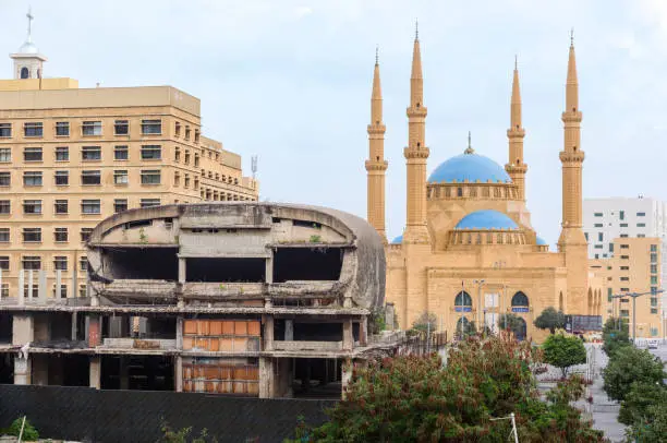 BEIRUT, LEBANON - 9 Mar 2018: The Egg cinema building and Al-Amine blue mosque in Downtown Beirut, Lebanon
