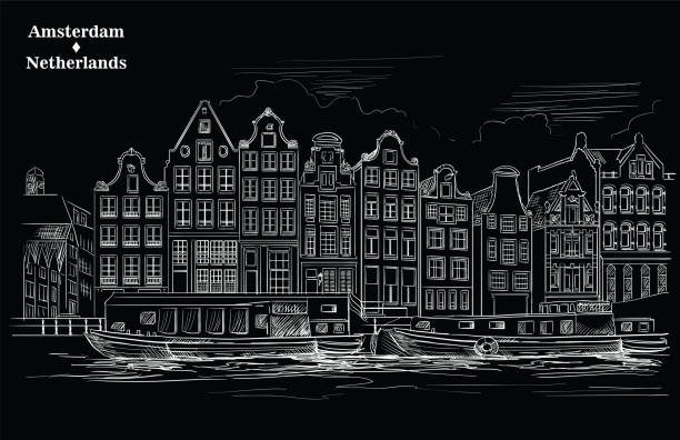 ilustrações de stock, clip art, desenhos animados e ícones de black vector hand drawing holland 7 - famous place usa black background international landmark