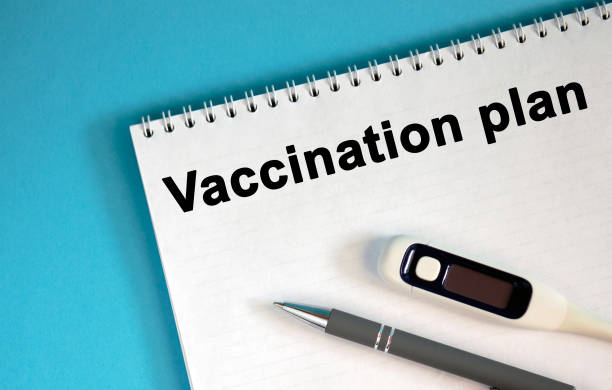 istock VACCINATION PLAN - text on a notepad. Lie a pen and a medical thermometer 1217663661