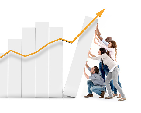 Illustration of a happy group of people supporting a 3D growth graph â economy concepts