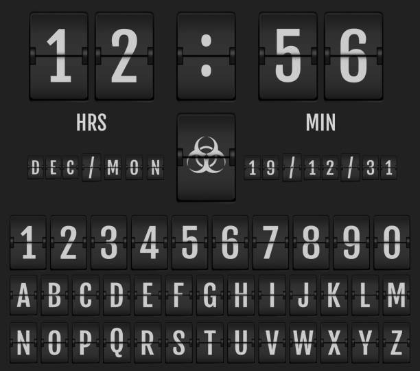 mechanische anzeigetafel alphabet. coronavirus weltuntergang alphabet. - countdown to armageddon stock-grafiken, -clipart, -cartoons und -symbole