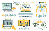 Online education set. Tutorial, Seminar, webinar, training, diy. Letterings and other elements.