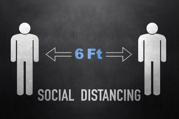 istock Social Distancing Text And Person Icons on Blackboard 1217670589