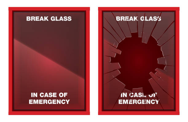 Break In Case Of Emergency Red Box A vector illustration of an empty red emergency box with an in case of emergency breakable glass on the front - fixed and broken emergency break glass box stock illustrations
