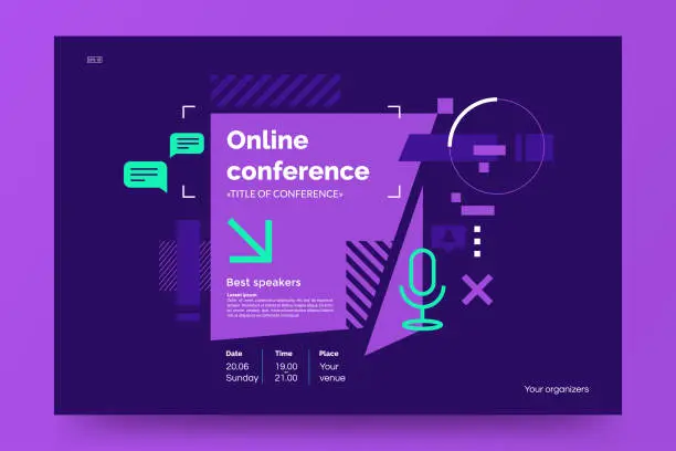 Vector illustration of Invitation banner to the online conference. Business webinar invitation design. Announcement poster concept in flat style. Modern technology background with place for text. Vector eps 10.