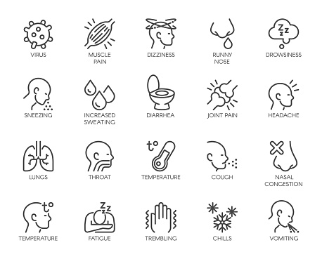 Premium Icons Pack on Symptoms Respiratory Sickness Pneumonia, Flu, Fever. Such Line Signs as Chills, Muscle Pain, Cough. Custom Vector Icons Set for Web and App in Outline Style. Editable Stroke.