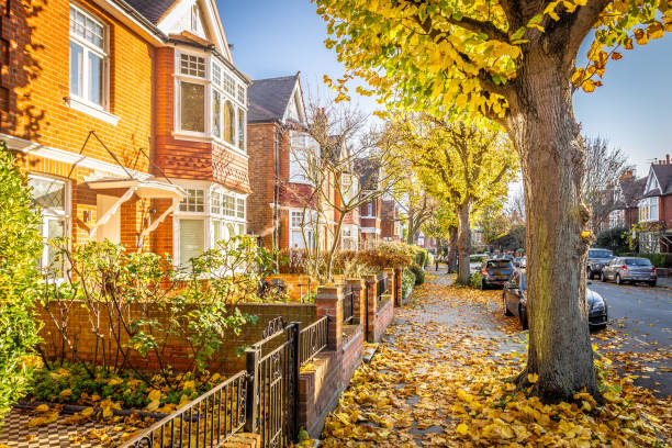 London suburb of Chiswick in the autumn time, UK London suburb of Chiswick in the autumn time, UK chiswick stock pictures, royalty-free photos & images