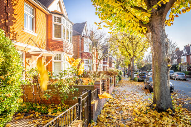 London suburb of Chiswick in the autumn time, UK London suburb of Chiswick in the autumn time, UK chiswick stock pictures, royalty-free photos & images