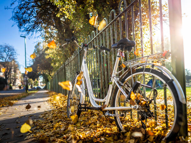 bicicletta nel sobborgo londinese di chiswick in autunno, regno unito - chiswick foto e immagini stock