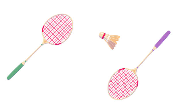 Badminton shuttlecock and rackets for horizontal banner. Tennis Professional sport equipment isolated on white background. Abstract competition illustration. Copy space. Vector clip art Badminton shuttlecock and rackets for horizontal banner. Tennis Professional sport equipment isolated on white background. Abstract competition illustration. Copy space. Vector clip art. badminton racket stock illustrations