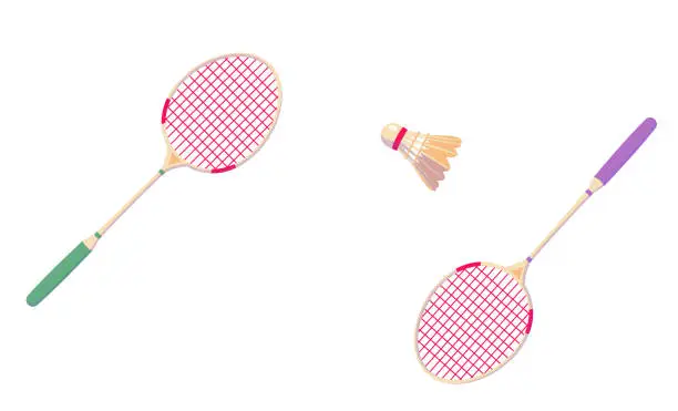 Vector illustration of Badminton shuttlecock and rackets for horizontal banner. Tennis Professional sport equipment isolated on white background. Abstract competition illustration. Copy space. Vector clip art