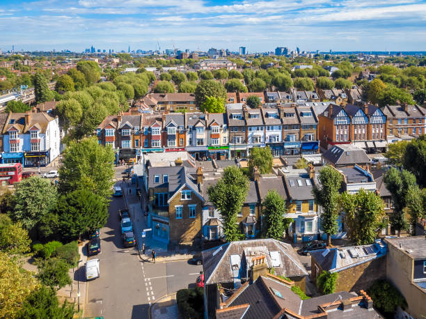 Aerial view ofsuburb in London in sunny day Aerial view ofsuburb in London in sunny day chiswick stock pictures, royalty-free photos & images