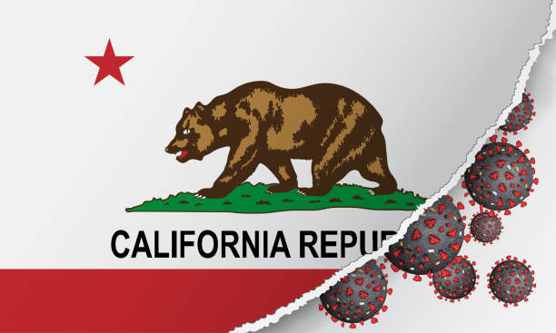 istock Flag of California state with outbreak viruses deadly coronavirus COVID-19. Banner with the spread of Coronavirus against background of national flag. USA Lockdown. Concept of quarantine.Stay at home 1217680240