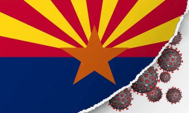 Vector illustration of Flag of Arizona state with outbreak viruses deadly coronavirus COVID-19. Banner with the spread of Coronavirus against background of the national flag. USA Lockdown. Concept of quarantine.Stay at home