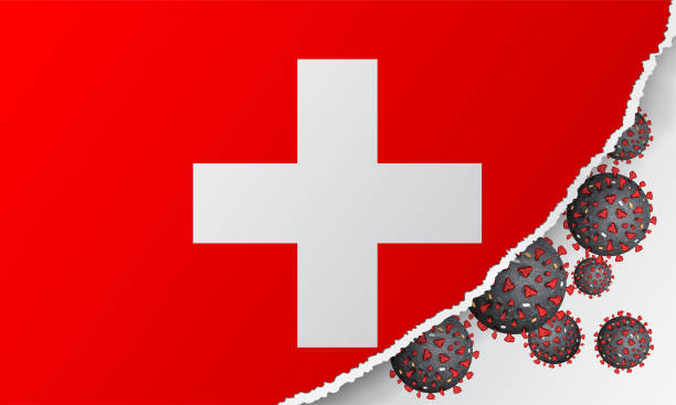 istock Flag of Switzerland with outbreak deadly coronavirus covid-19. Banner with the spread of Coronavirus 2019-nCoV. A large bacteriums against background of national flag. Concept of coronavirus quarantine. 1217680362