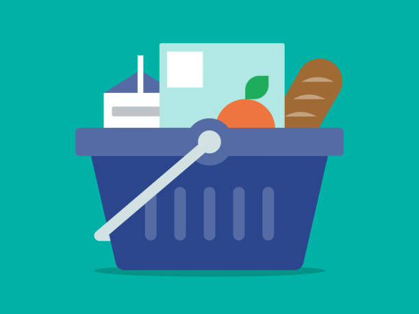 Illustration of grocery basket full of healthy food Modern flat vector illustration appropriate for a variety of uses including articles and blog posts. Vector artwork is easy to colorize, manipulate, and scales to any size. supermarket illustrations stock illustrations