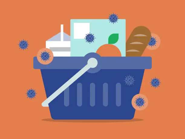 Vector illustration of Illustration of grocery basket full of food infected with pathogens