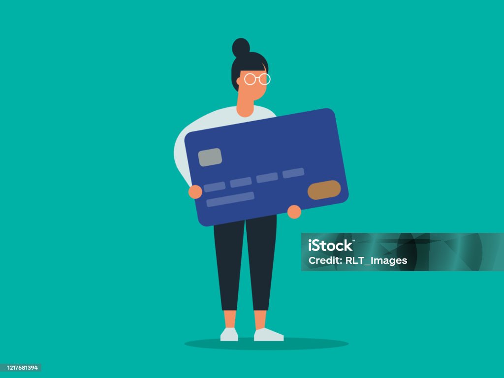 Illustration of young woman holding giant credit card Modern flat vector illustration appropriate for a variety of uses including articles and blog posts. Vector artwork is easy to colorize, manipulate, and scales to any size. Credit Card stock vector