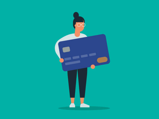 Illustration of young woman holding giant credit card Modern flat vector illustration appropriate for a variety of uses including articles and blog posts. Vector artwork is easy to colorize, manipulate, and scales to any size. people holding credit cards stock illustrations