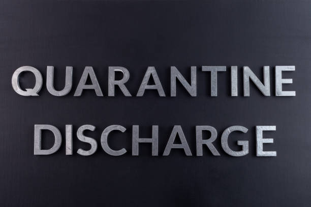 istock the words quarantine discharge laid with silver metal letters on matte back flat surface directly above in flat lay perspective 1217683666