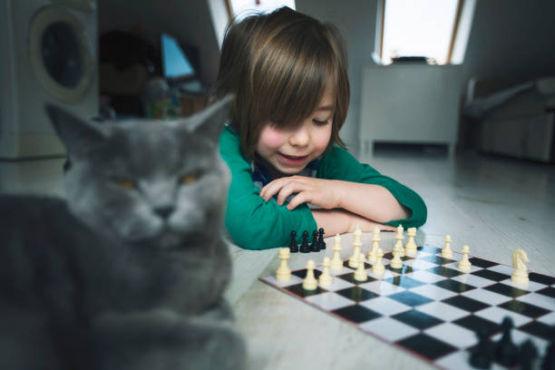 istock Little boy playing chess. Cat next to him. 1217687416