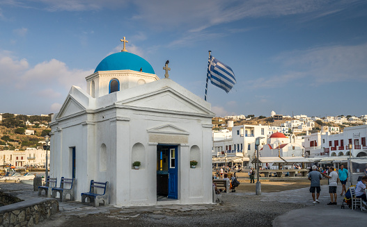 Mykonos, Greece - Oct 16, 2019. Agios Nikolakis Church in new port in Hora, also known as Mykonos Town, the capital of popular Greek island Mykonos.