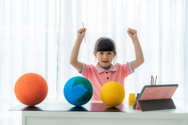 istock Asian elementary schoolgirl arm raises to success painting solar system model learning about the solar system via video conference with teacher at home, Homeschooling and distance learning. 1217687566