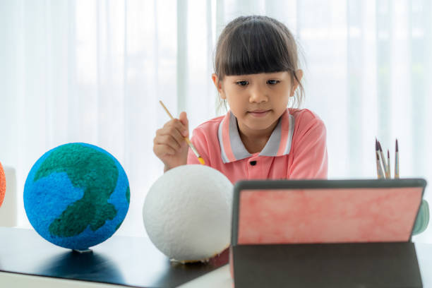 Asian elementary schoolgirl painting the moon in science class learning about the solar system via video conference with teacher and other classmates at home, Homeschooling and distance learning.