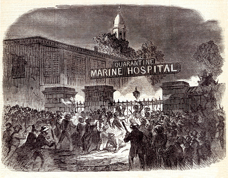 Vintage image features the Staten Island Quarantine Facility, built in 1799, to quarantine and care for yellow fever patients. By the 1850s, all passengers from newly arrived ships showing signs of a disease were quarantined. In 1858, local Staten Island opposition attacked the quarantine facilities which became known as the Staten Island Quarantine War.