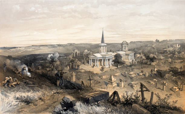 Quarantine Cemetery and Church with a French Battery Vintage illustration features the location of the Battle of Quarantine Cemetery, near Quarantine Bay, one of the battles of the Siege of Sevastopol (1854–1855), during the Crimea War. aquatint stock illustrations