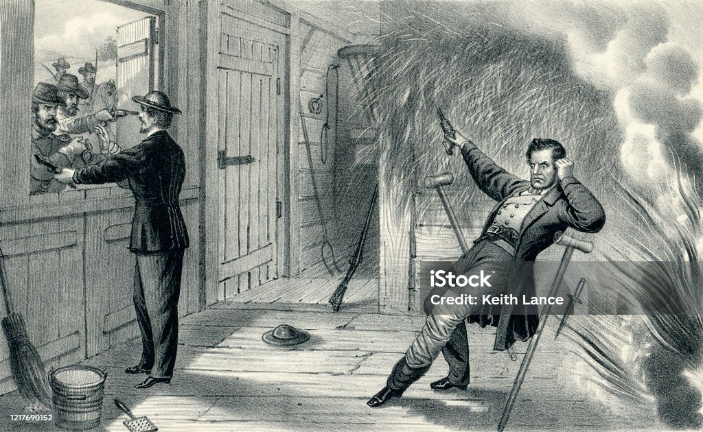 The Death of John Wilkes Booth Vintage illustration features the death of John Wilkes Booth on April 26, 1865, twelve days after his assassination of President Abraham Lincoln. Booth took refuge in a tobacco barn until Union troops found him and lit the barn on fire after a standoff. As he emerged, Booth was shot in the neck by Union soldier Boston Corbett. John Wilkes Booth stock illustration