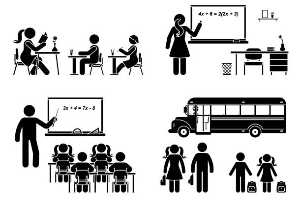 Stick figure school boy, girl sitting in class, lesson, writing, reading, learning vector icon pictogram. Female, male teacher teaching, standing at blackboard set on white Stick figure school boy, girl sitting in class, lesson, writing, reading, learning vector icon pictogram. Female, male teacher teaching, standing at blackboard set on white classroom icons stock illustrations
