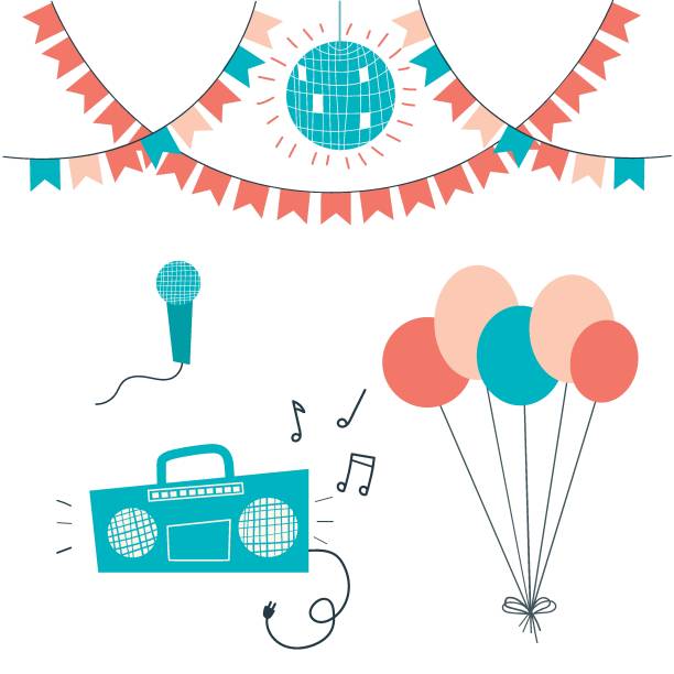 Party Set Party Flags Ballons Disco Ball Tape Recorder And Microphone  Vector Illustration Stock Illustration - Download Image Now - iStock