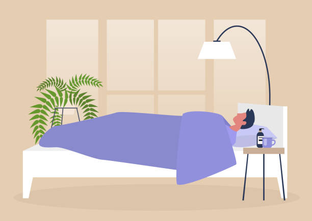illustrazioni stock, clip art, cartoni animati e icone di tendenza di giovane personaggio maschile sdraiato a letto, vista laterale, mattina presto - bedroom pillow duvet blanket