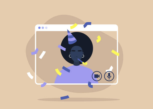 Young black female character celebrating their birthday online, self isolation party Young black female character celebrating their birthday online, self isolation party computer birthday stock illustrations