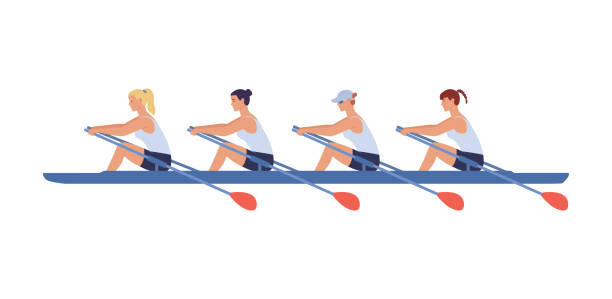 четыре спортсменки плавают в лодке. - rowing rowboat sport rowing oar stock illustrations