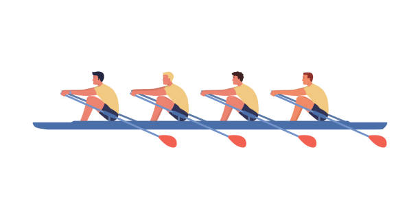 vier athleten schwimmen auf einem boot. - rudern stock-grafiken, -clipart, -cartoons und -symbole