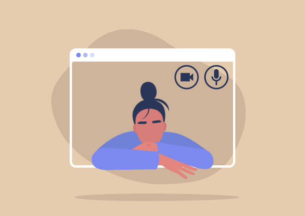 ilustrações, clipart, desenhos animados e ícones de personagem feminina jovem usando uma interface de chamada de vídeo, reunião on-line remota, distanciamento social, trabalho em casa - home screen illustrations