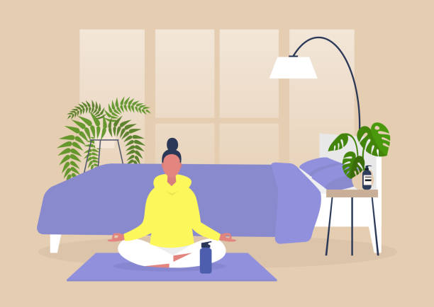 ilustraciones, imágenes clip art, dibujos animados e iconos de stock de personaje joven femenino practicando yoga y meditación en casa, mindfulness, estilo de vida milenario moderno - bienestar ilustraciones