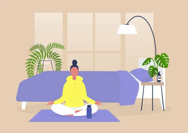 Vector illustration of Young female character practising yoga and meditation at home, mindfulness, modern millenial lifestyle