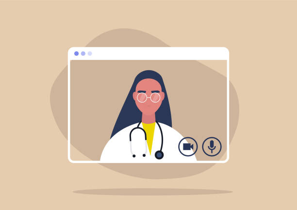 illustrazioni stock, clip art, cartoni animati e icone di tendenza di consulenza online con un medico donna, distanziamento sociale, prevenzione del coronavirus - video chiamata illustrazioni