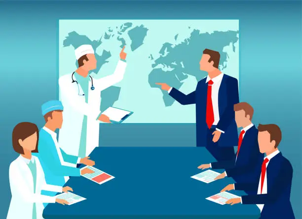 Vector illustration of Vector of doctors having a meeting with business people or politicians on world map background