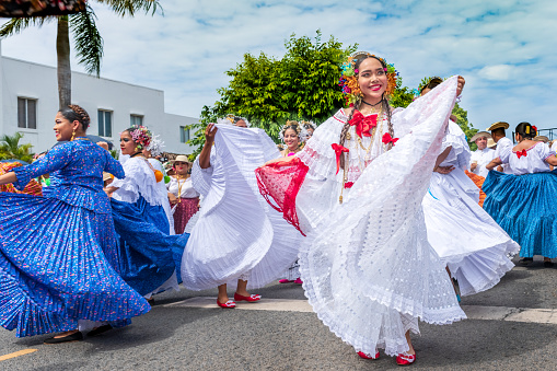 Las Tablas, Panama - January 11, 2020: Girls posing at 1000 Polleras Parade, known as the 'Desfile De Las Mill Polleras' in Las Tablas, Panama.