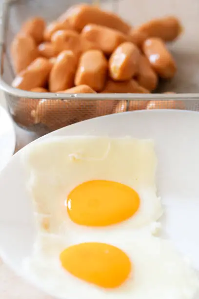 Fried eggs on white plate with sausages in stainless steel basket