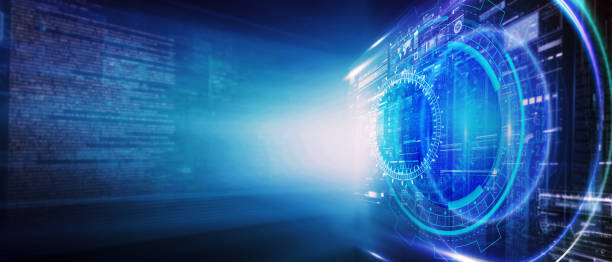 istock Business, technology, internet and networking concept. Young businessman working in the office, select the icon on the virtual display. 1217701172