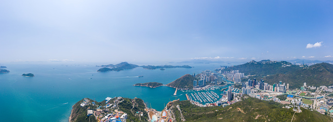 Aerial view of Ocean Park and  Aberdeen, the theme park in Hong Kong, daytime