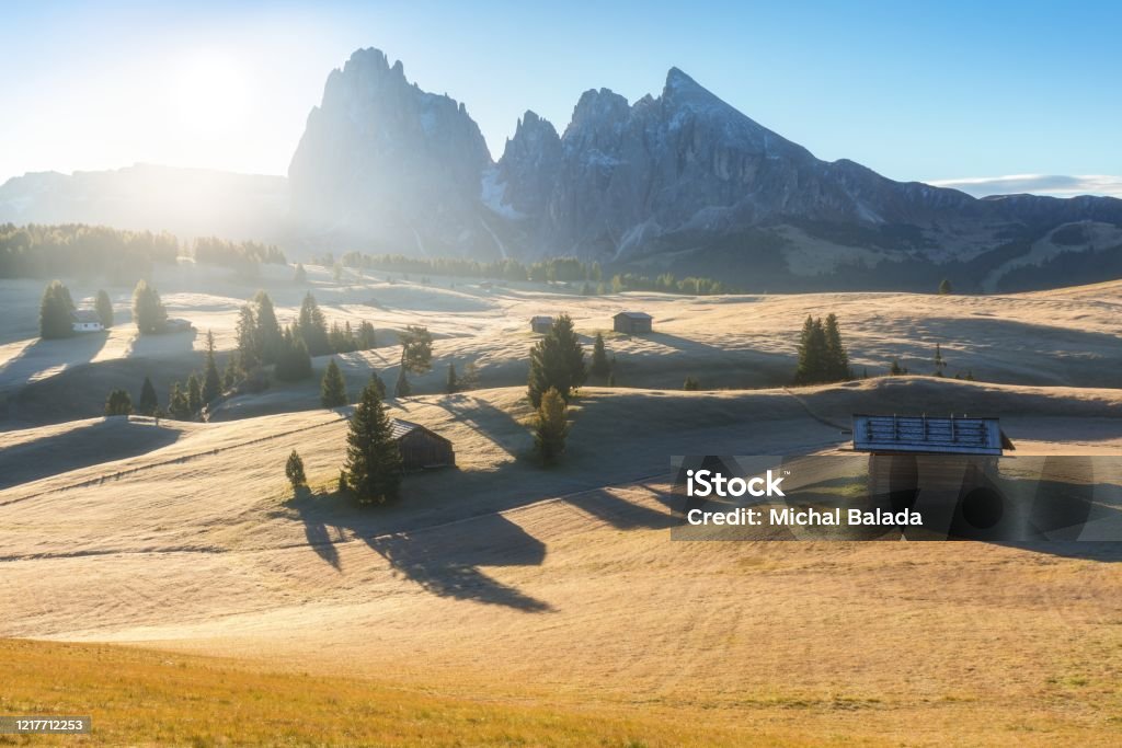 Aerial summer sunrise scenery with yellow larches and small alpine building and Langkofel mountain group on background. Alpe di Siusi (Seiser Alm), Dolomite Alps, Italy. Famous best alpine place Italy Alps Alto Adige - Italy Stock Photo