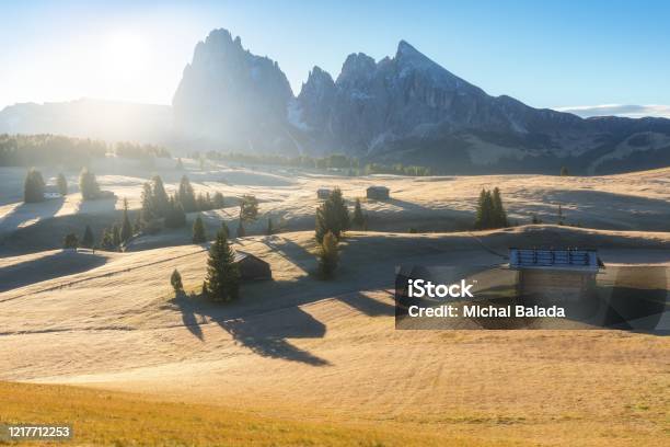 Aerial Summer Sunrise Scenery With Yellow Larches And Small Alpine Building And Langkofel Mountain Group On Background Alpe Di Siusi Dolomite Alps Italy Famous Best Alpine Place Stock Photo - Download Image Now