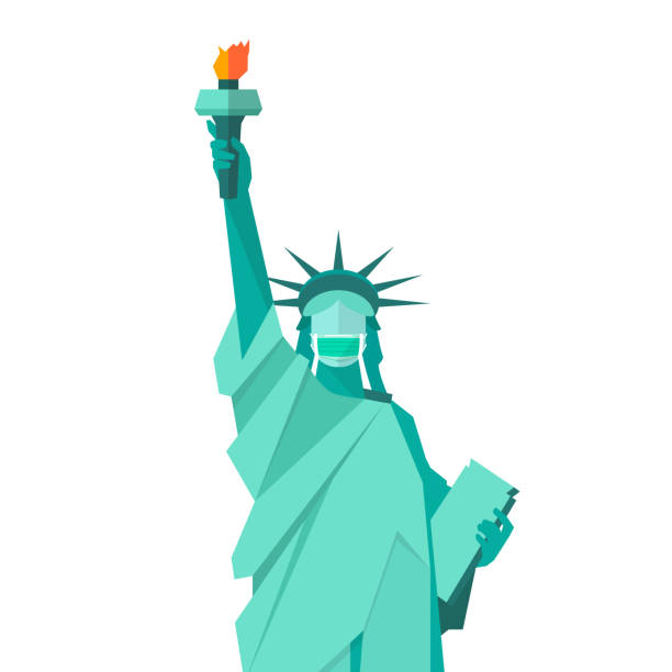 ilustrações, clipart, desenhos animados e ícones de estátua da liberdade usando máscara médica protetora - statue manhattan monument flaming torch